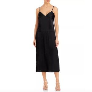 Rebecca Taylor Chic Black Sateen Pleated Midi Slip Dress Size 2